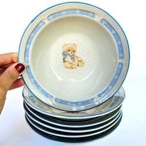 Vintage Tienshan Stoneware Teddy Bear Cereal Bowls Set of 6 Blue Nursery Kitsch